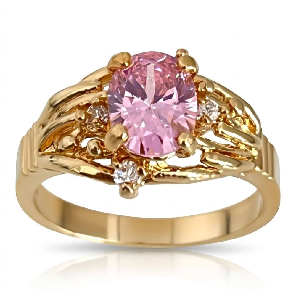 Vintage 1980s Cocktail Ring Size 6 Pink Cubic Zirconia 14KTGE Gold Plated - 14C